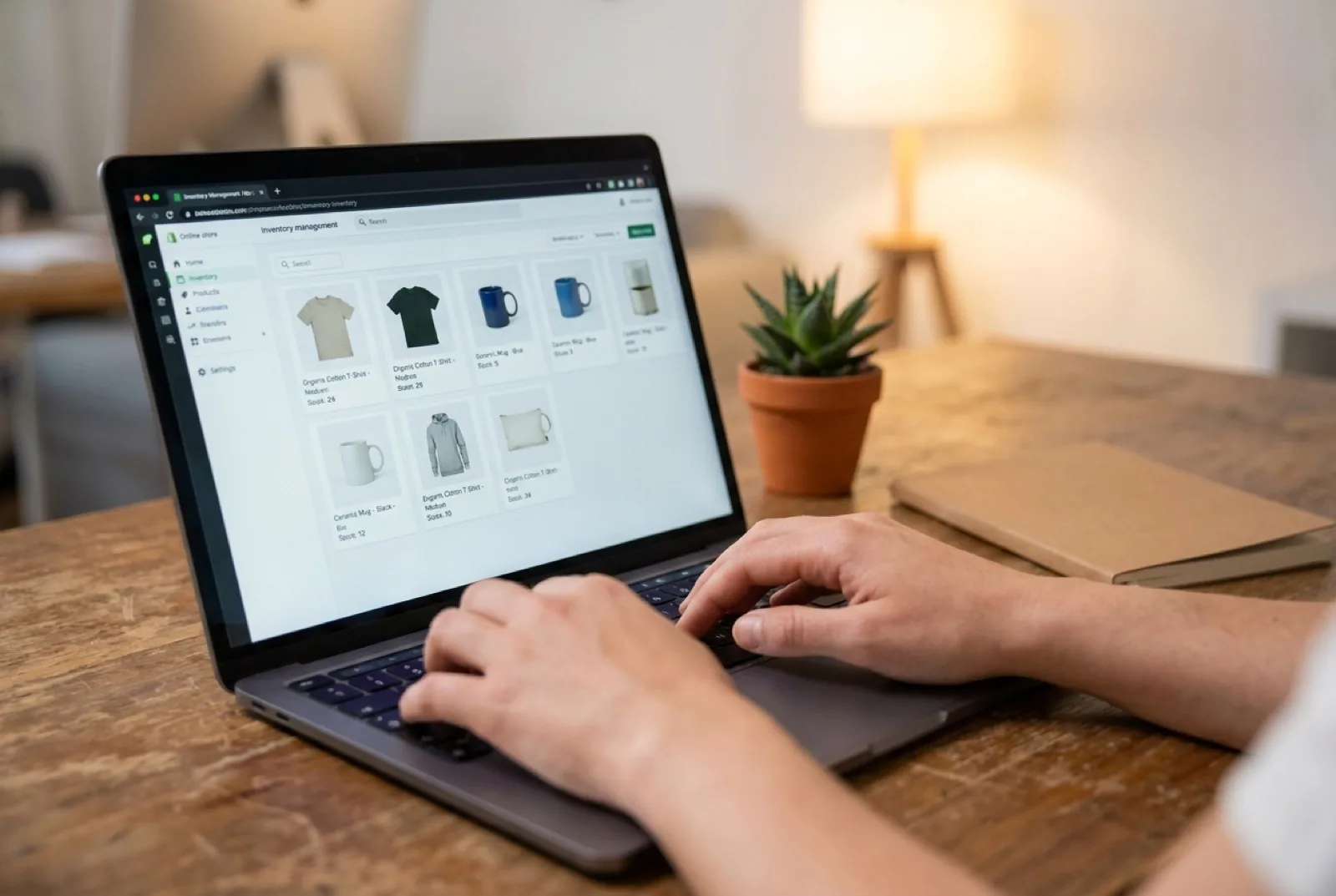 Online shop website developer working on a laptop