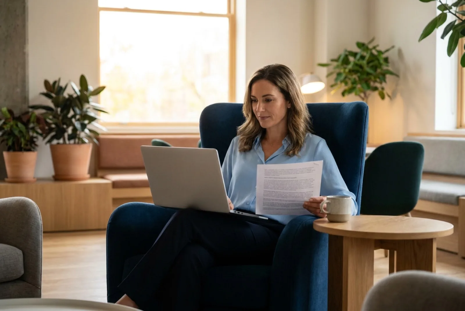 Woman reviewing paperwork while working on a laptop in a lounge chair, with a coffee cup nearby