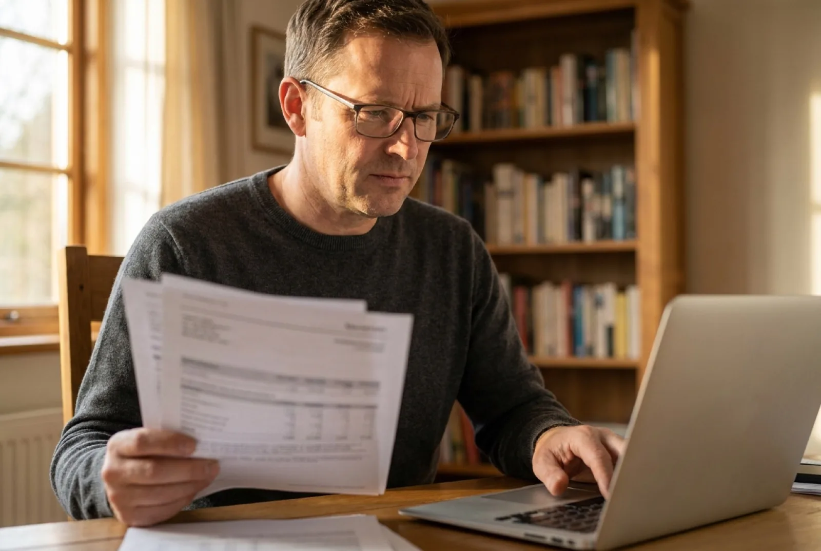 Man reviewing a printed document while typing on a laptop in a home office