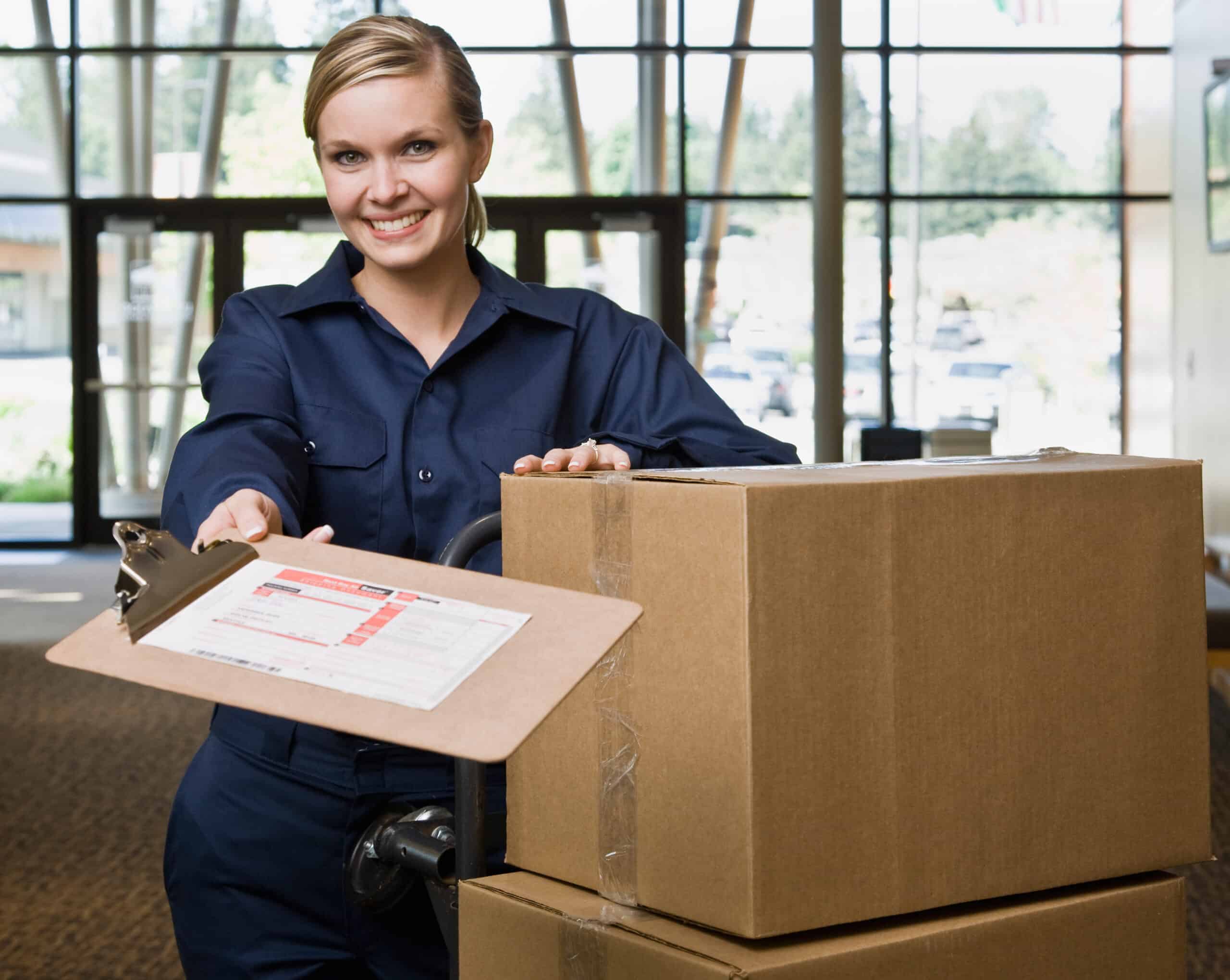Delivery worker holding a clipboard with a shipping label beside stacked cardboard boxes