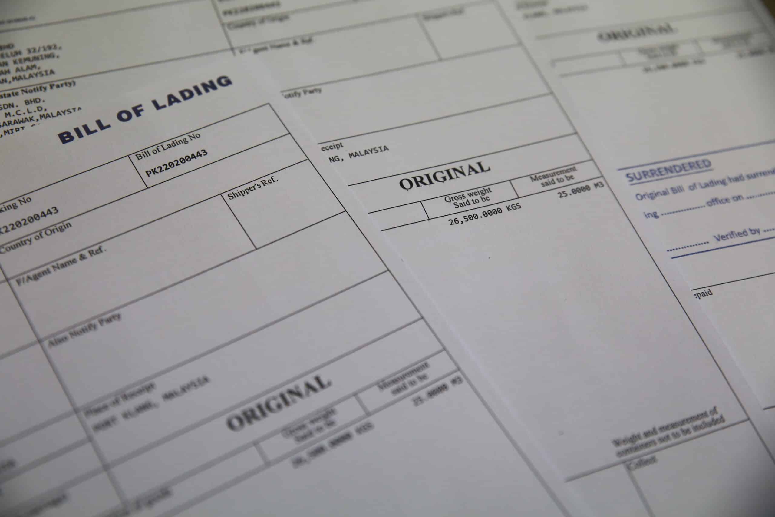 Close-up of a bill of lading shipping document