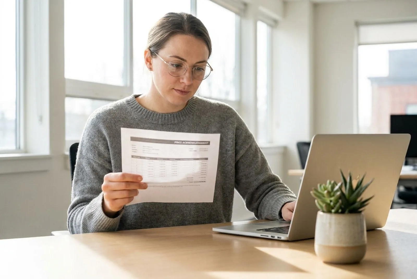 Woman reviewing a printed document at her desk next to an open laptop