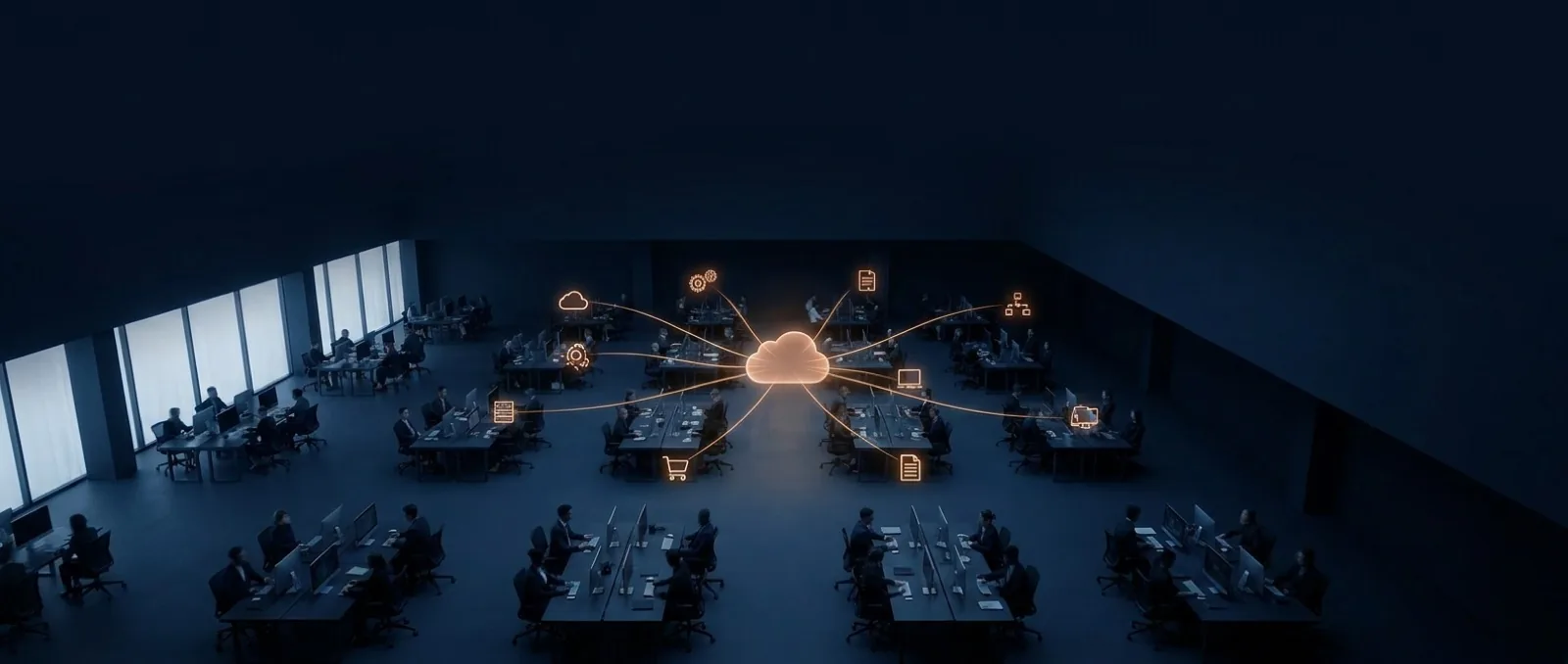 Hands typing on a laptop with a graphic overlay of documents circling a globe icon, representing global data exchange