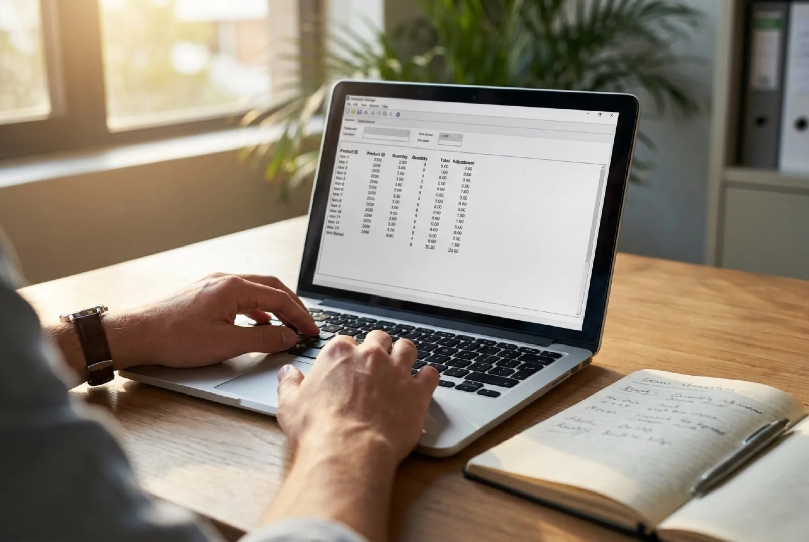 Hand near a laptop with an EDI-themed graphic overlay showing icons for files, people, gears, and servers