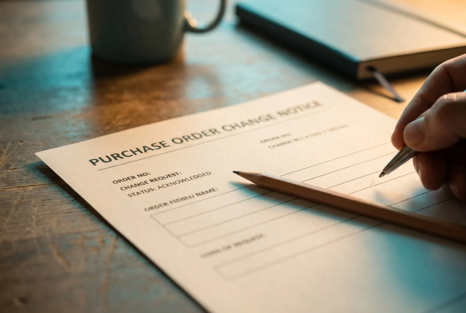 Close-up of a purchase order form with a pencil resting on it