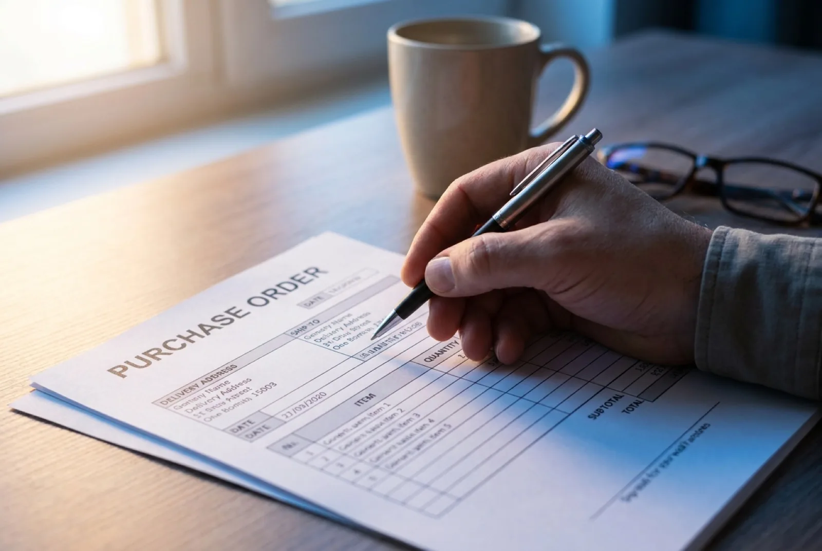 Close-up of a purchase order form with a blue pen resting on it