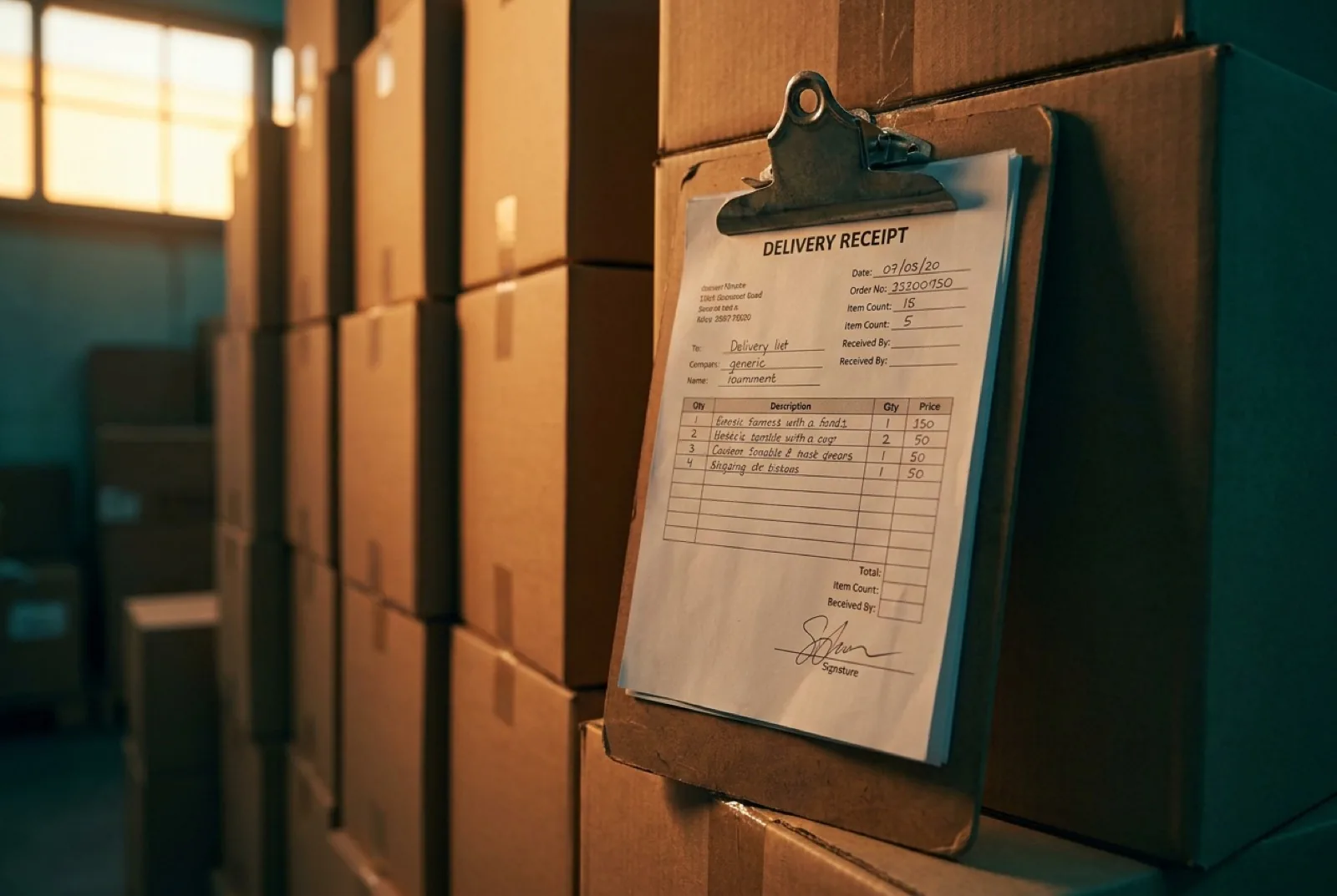 Delivery receipt on a clipboard in front of stacked cardboard shipping boxes