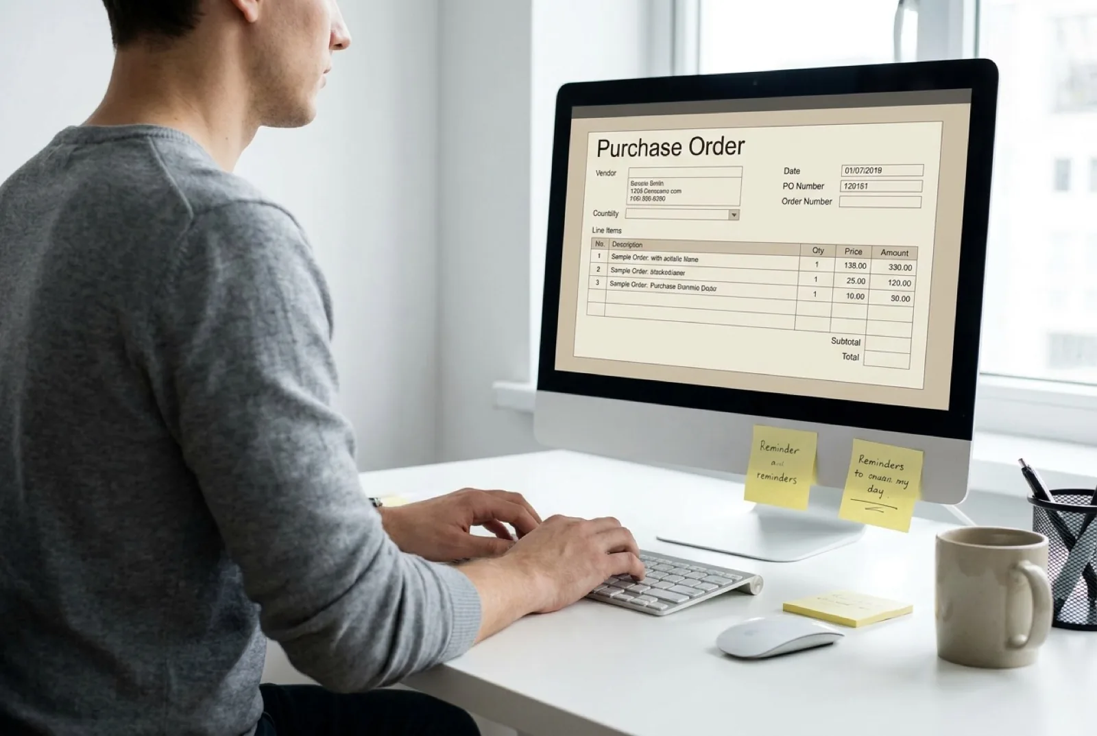 Person typing on a keyboard in front of a monitor displaying a purchase order form