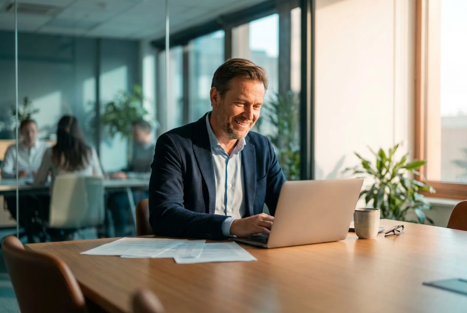 Smiling man sitting at a conference table next to an open laptop