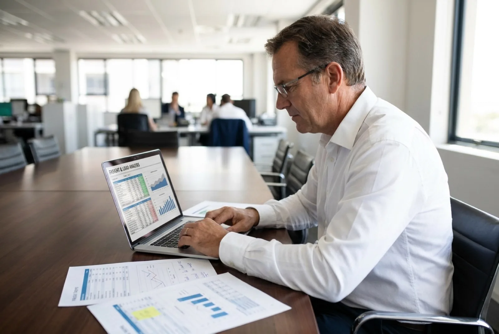 Man reviewing data on a laptop screen at a conference table, with printed charts nearby