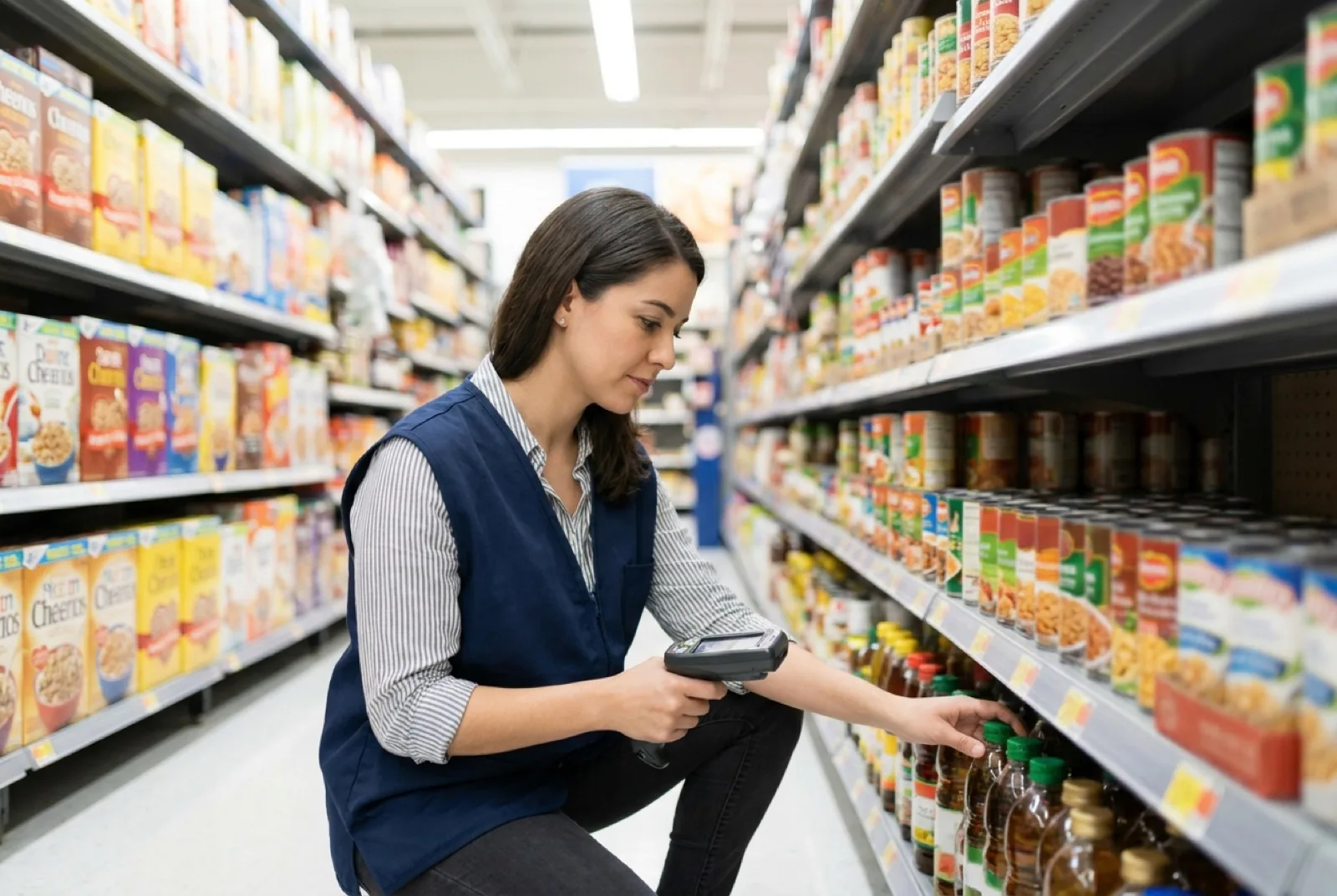Supermarket worker checking stock on shelves