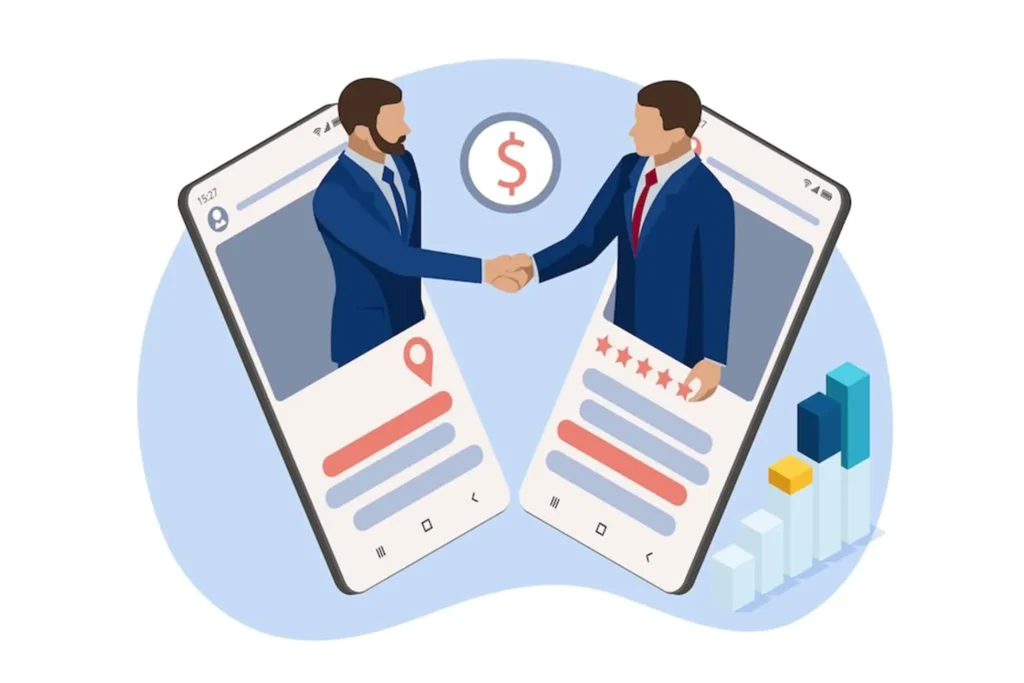 Two businessmen shaking hands through mobile devices representing e-procurement punchout catalog integration