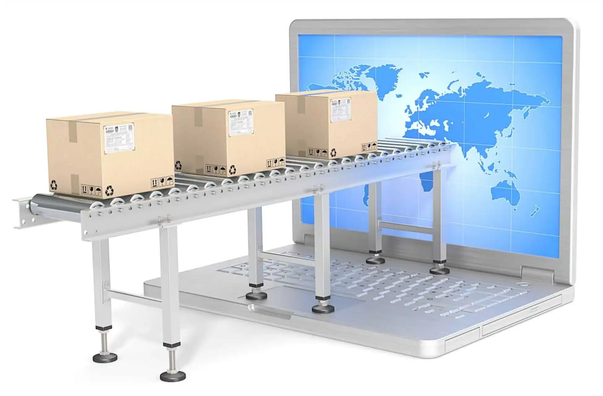 Conveyor belt with shipping boxes extending from laptop screen showing world map