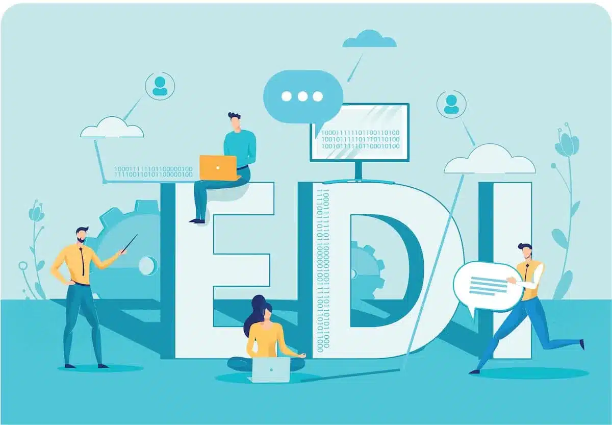 People working with EDI technology and cloud computing systems for data exchange