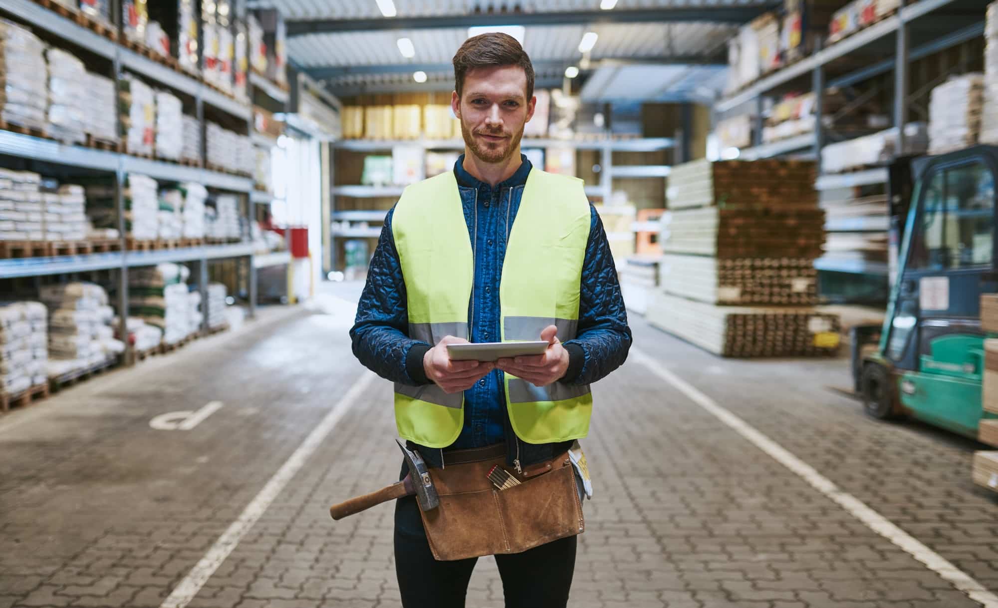 Warehouse worker with tablet checking inventory