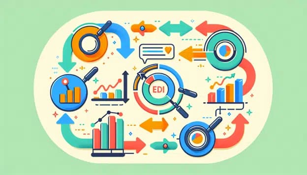 EDI processes with arrows connecting charts and magnifying glasses
