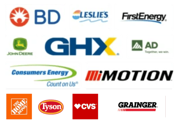 Corporate logos including BD, GHX, John Deere, Home Depot, Tyson, CVS and others