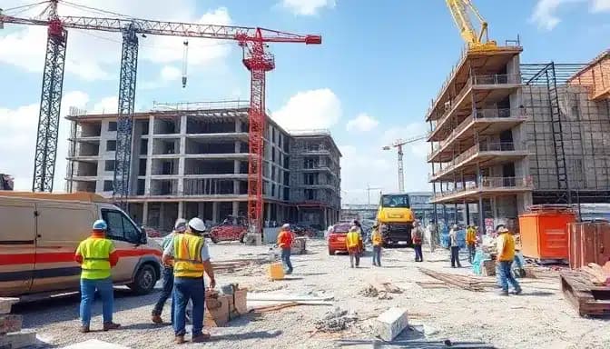 a construction site with buildings in the background