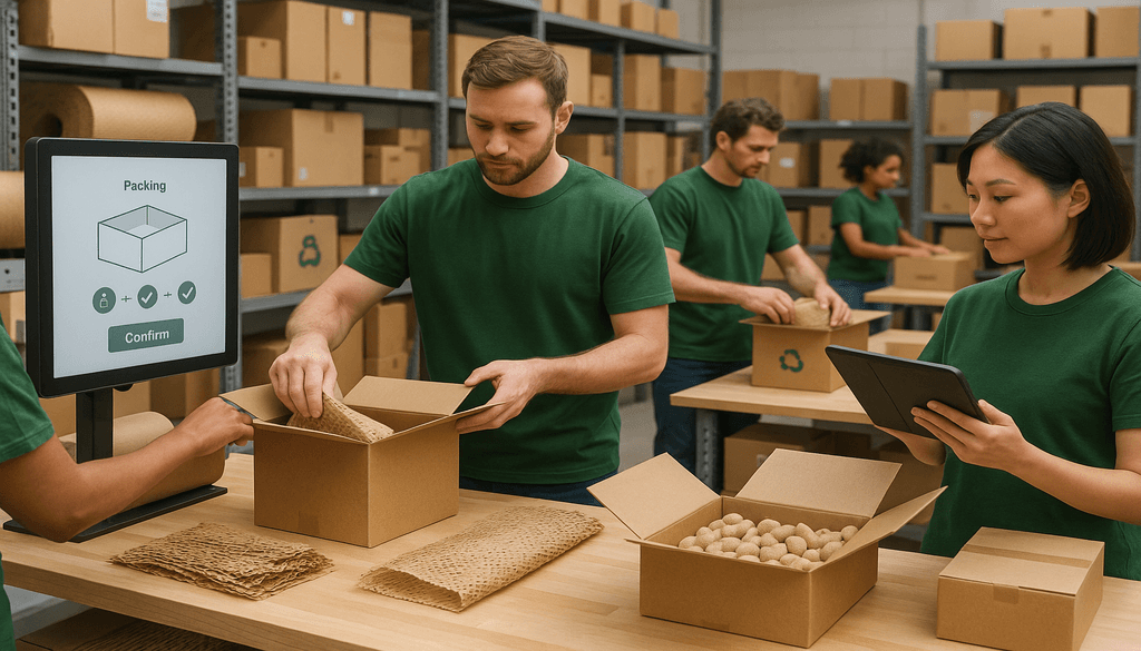 Warehouse workers in green shirts packing orders with eco-friendly materials and digital tablet for 3PL order management