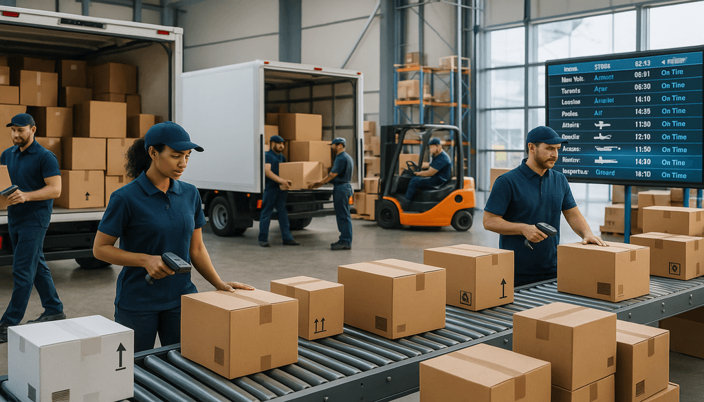 3PL warehouse workers scanning packages on conveyor belt with real-time order tracking display