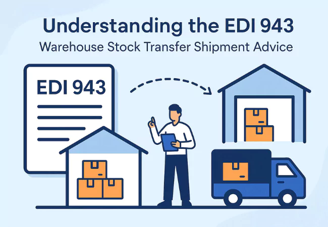 a paper with EDI 943 and a warehouse transferring to another warehouse and a truck