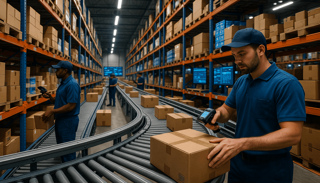 "Modern 3PL warehouse with automated conveyors and workers scanning products for efficient order management."