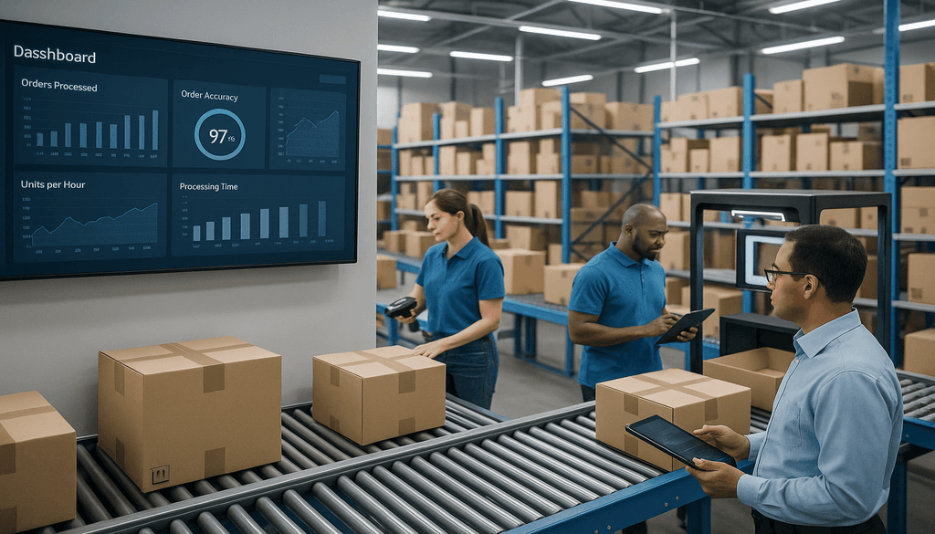 3PL warehouse workers managing orders with 97% accuracy dashboard display