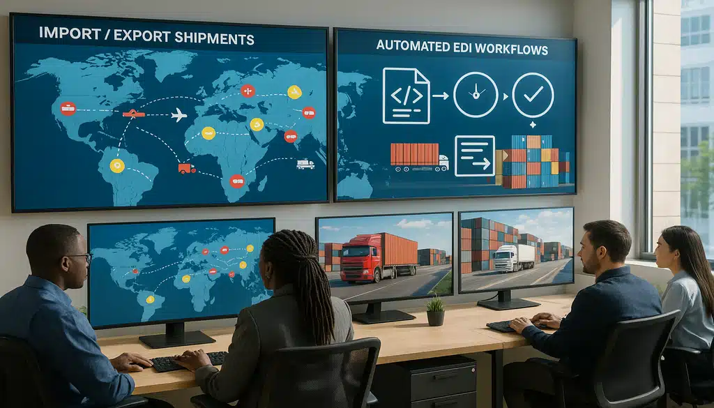 Four professionals monitoring global EDI shipment tracking systems on multiple screens