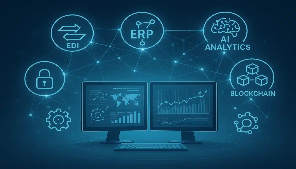 EDI integration with ERP, AI analytics, and blockchain technologies on computer screens