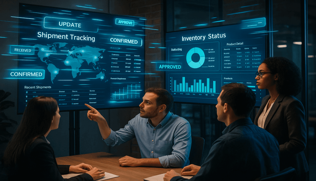 Business team analyzing supply chain data on digital dashboard showing shipment tracking and inventory status