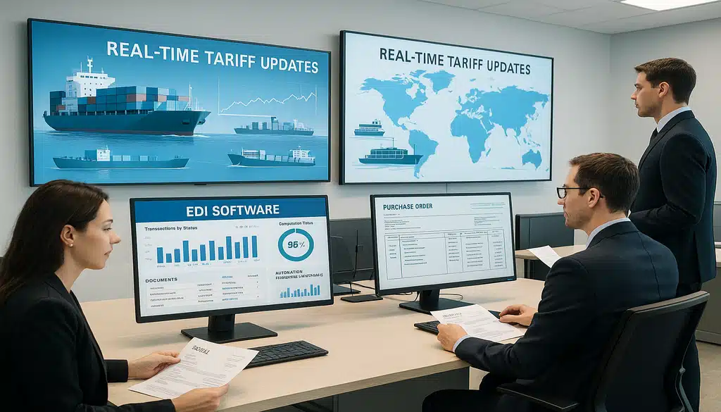 Business professionals analyzing EDI software and real-time tariff updates on multiple monitors