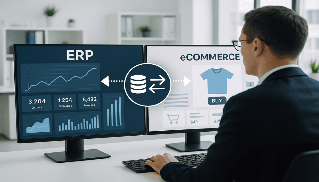 Business professional viewing ERP and eCommerce platform integration on dual monitors with data flow