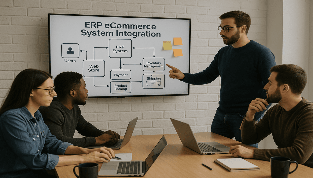 Team meeting discussing ERP eCommerce system integration with flowchart diagram on screen