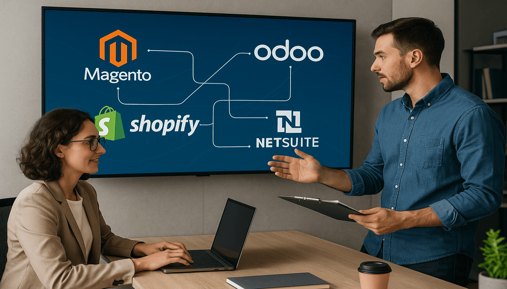 Business professionals discussing ERP eCommerce integration with Magento Shopify Odoo NetSuite platforms displayed