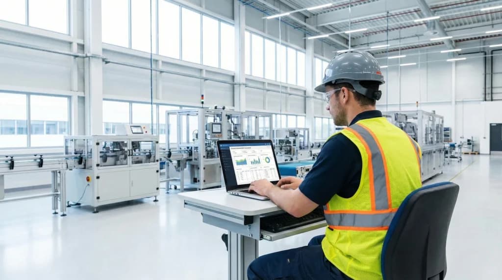 Manufacturing worker using laptop for EDI data management in industrial facility