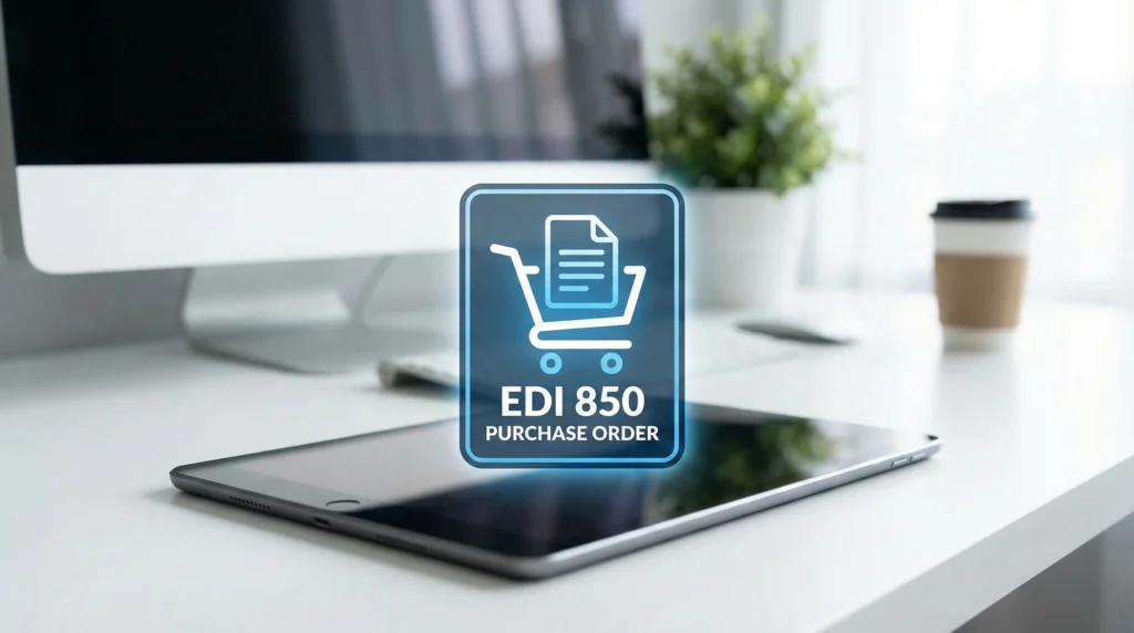EDI 850 purchase order icon with shopping cart and document on tablet