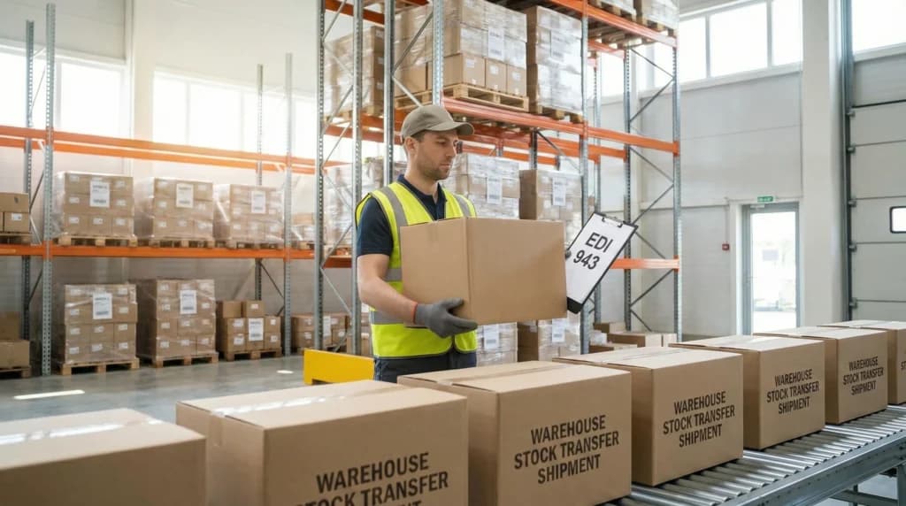 Warehouse worker processing EDI 943 stock transfer shipment boxes on conveyor system