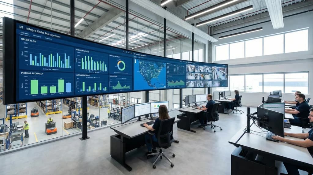 Warehouse control room with integrated order management dashboards and real-time inventory tracking.