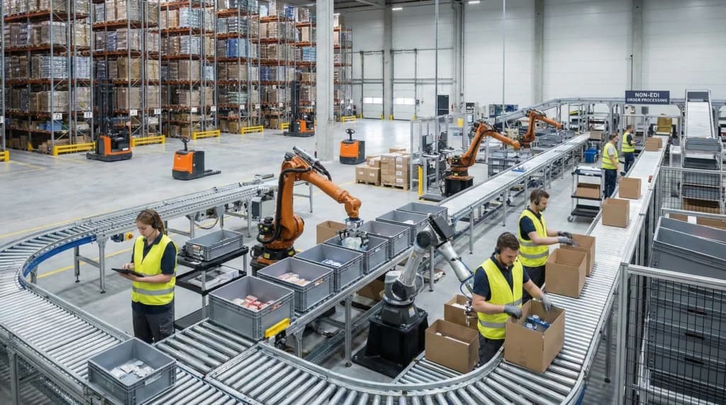 Non-EDI orders processed by workers and robotic arms in a modern, automated warehouse.