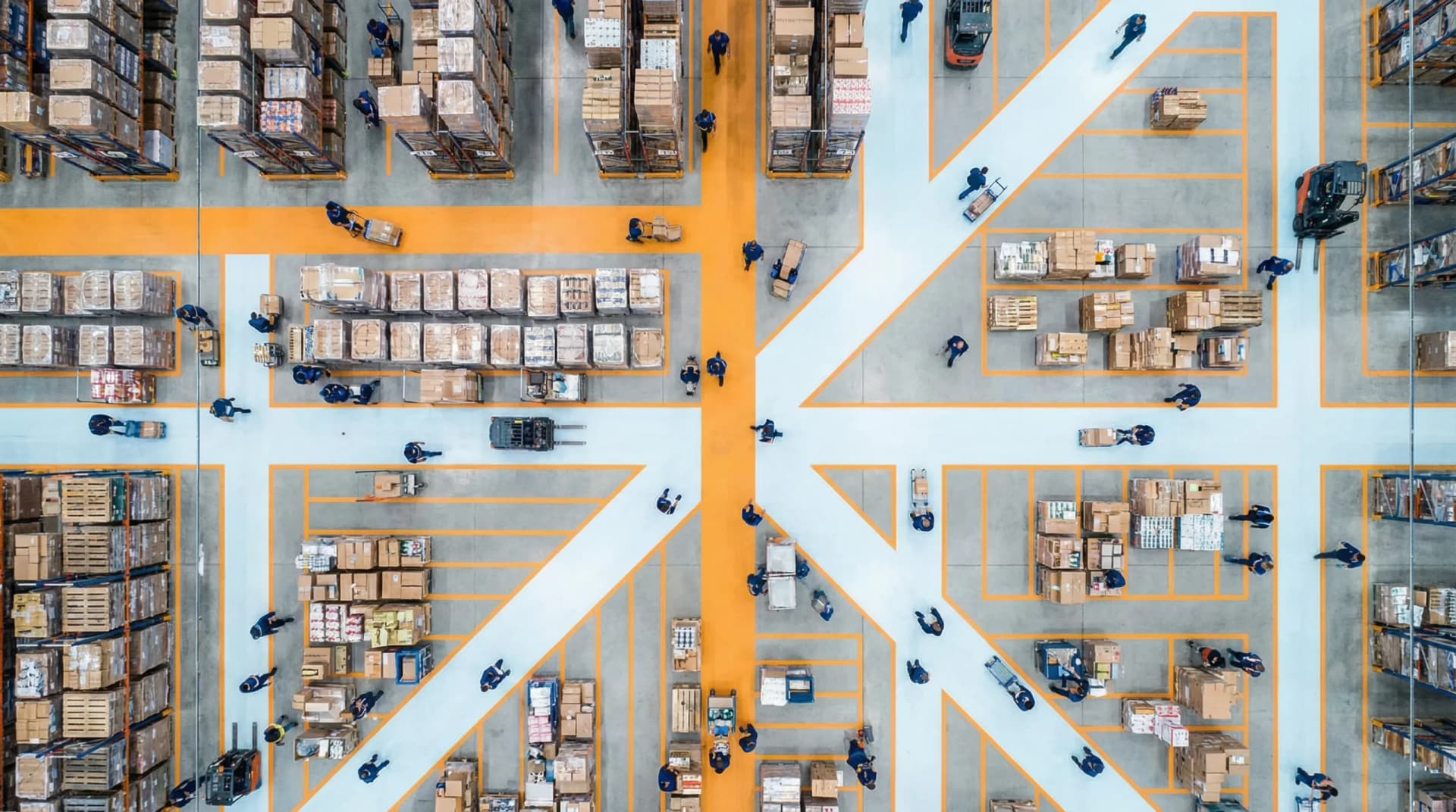 Overhead view of organized warehouse