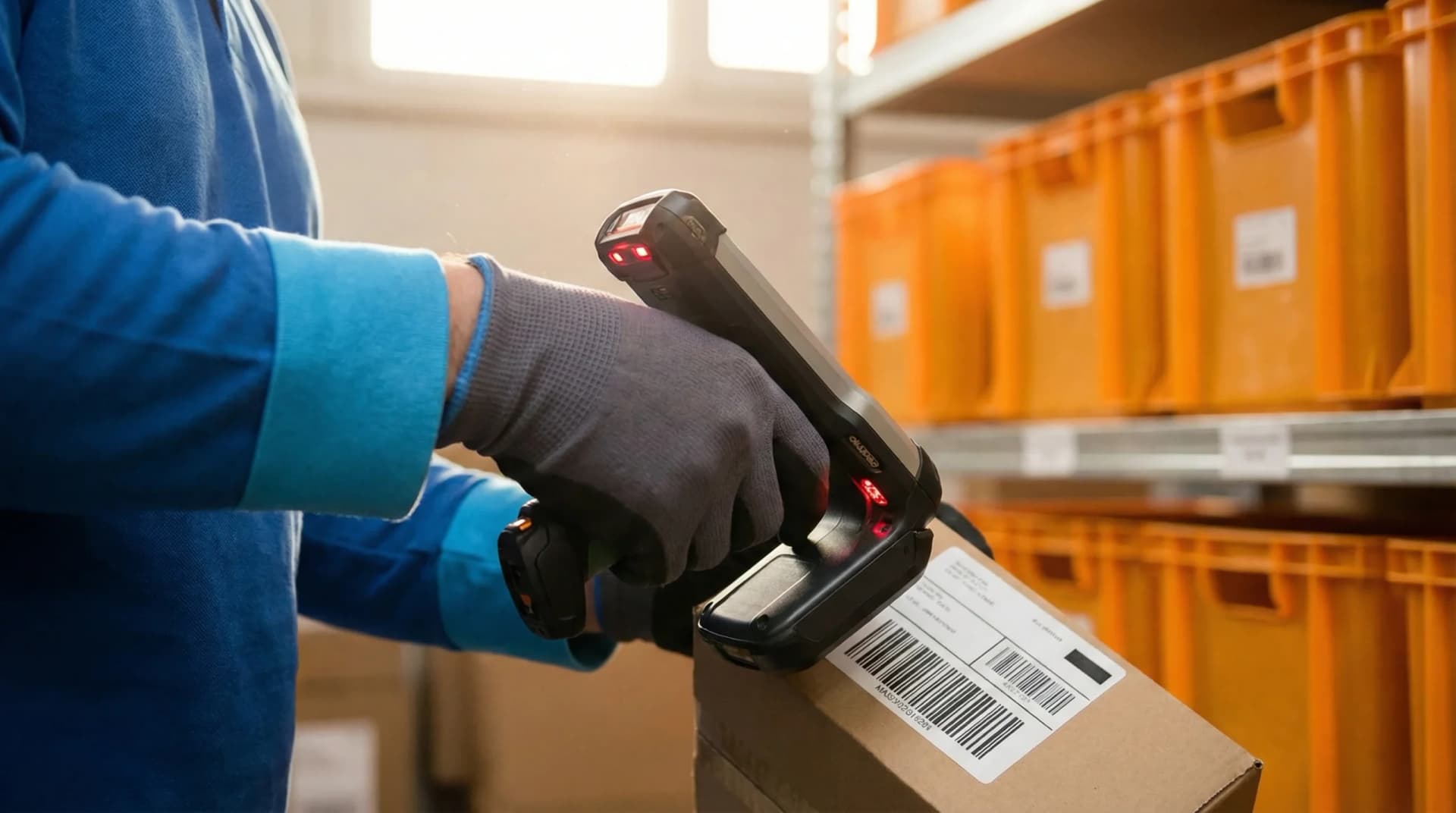 Warehouse worker scanning barcode on package