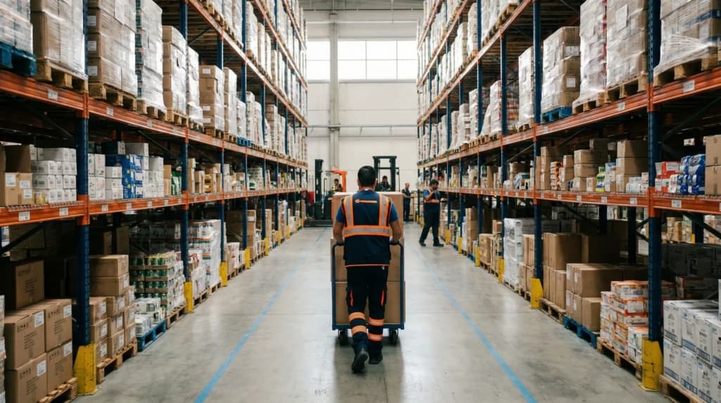 Warehouse aisle with worker and shelves