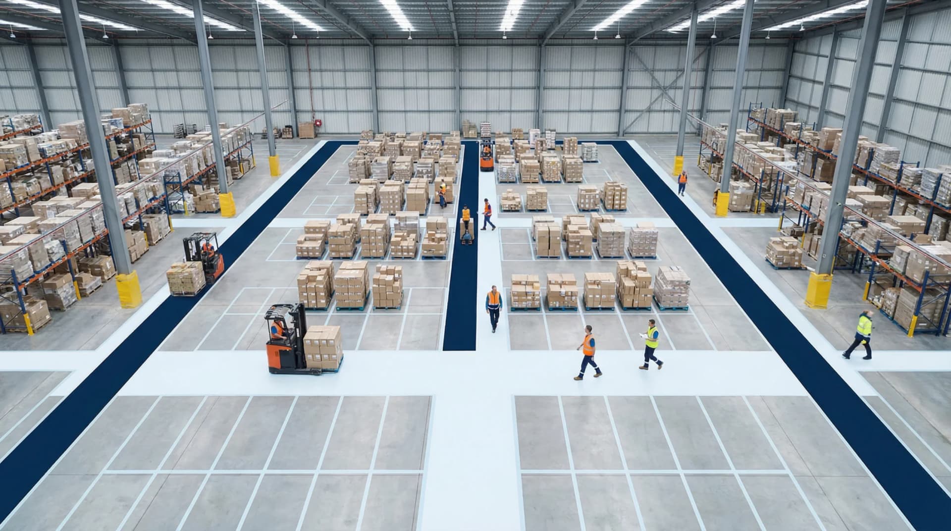 Aerial view of organized warehouse floor