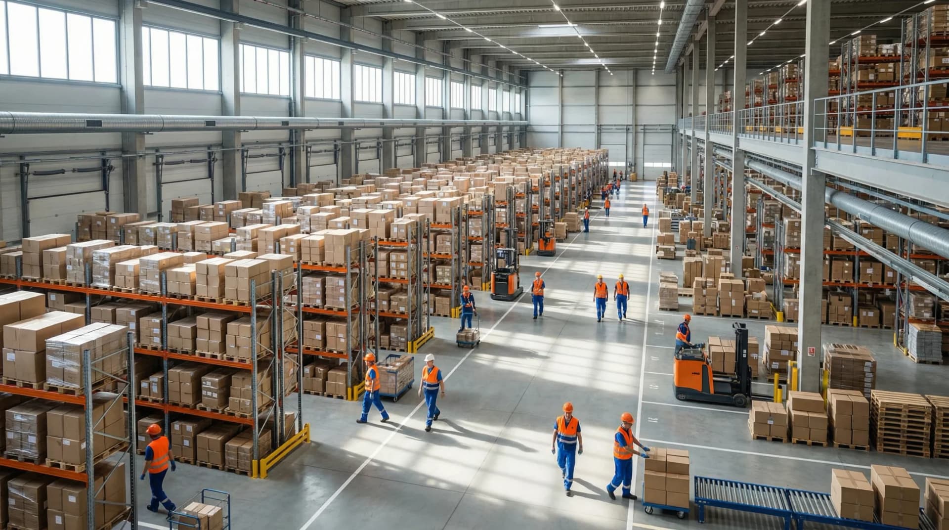 Wide shot of distribution center operations.