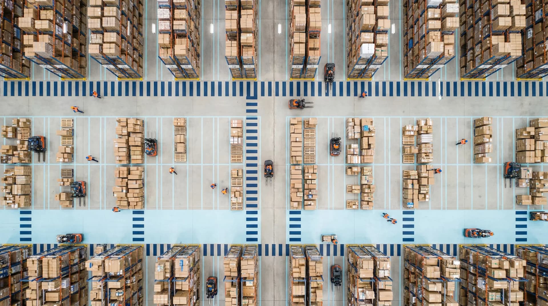 Aerial view of organized warehouse floor