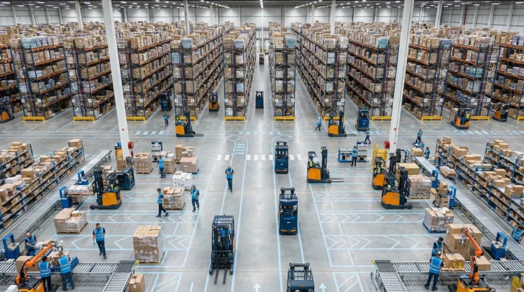 Aerial view of organized warehouse floor