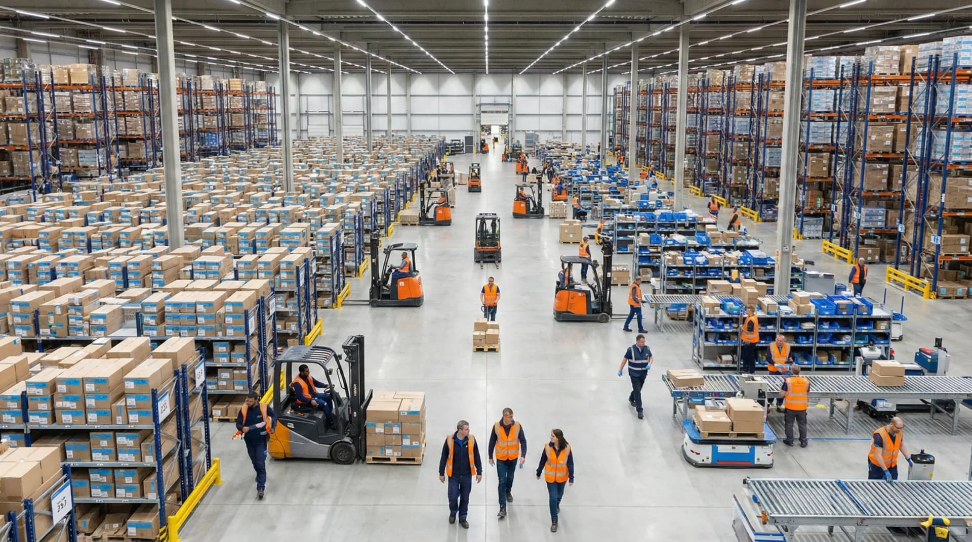 Wide shot of distribution center operations.