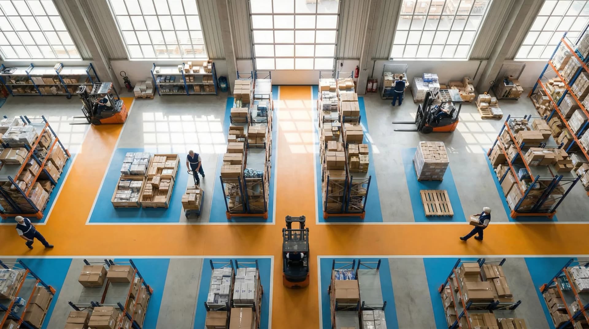 Aerial view of organized warehouse floor