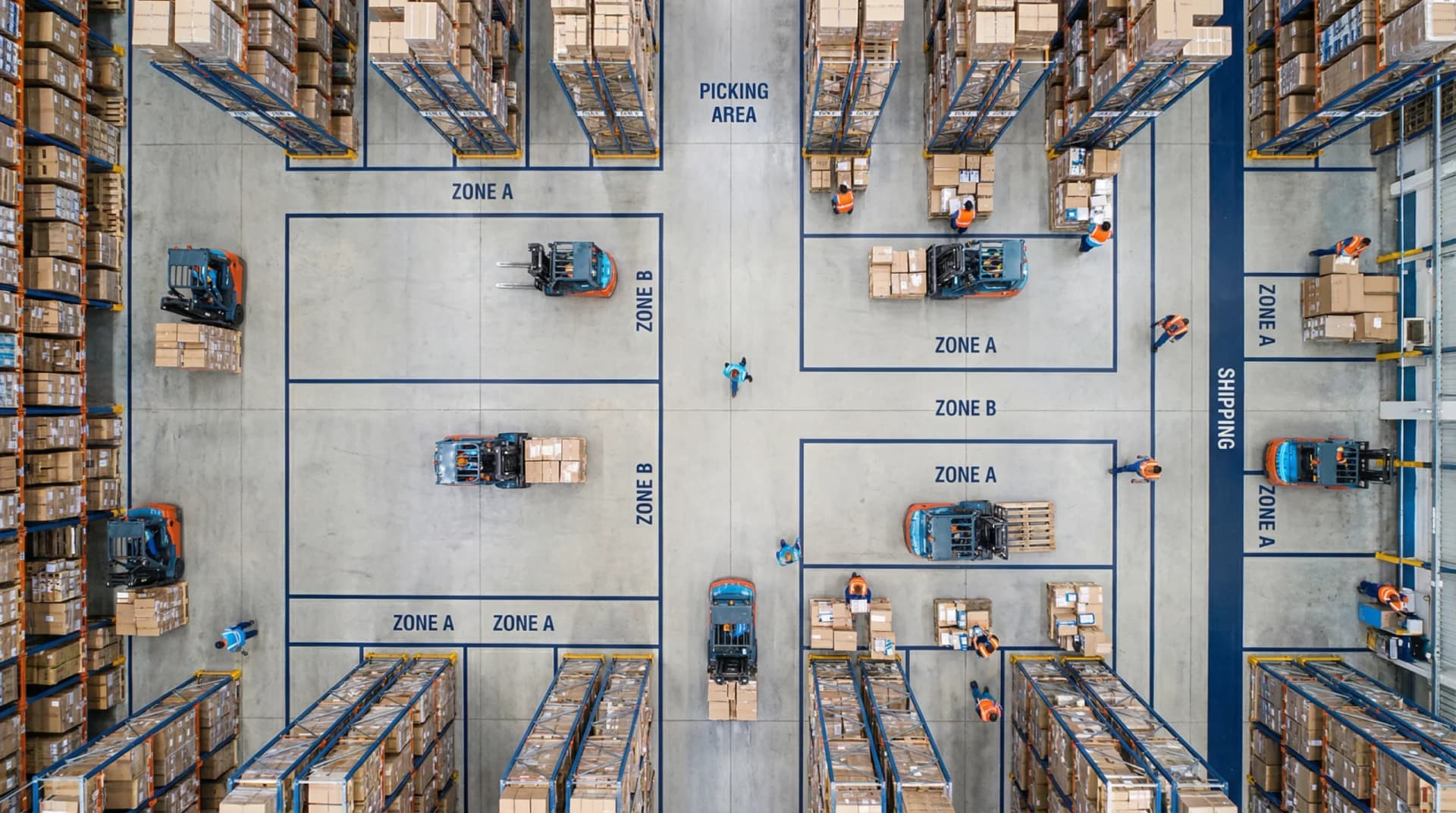 Overhead view of organized warehouse zones