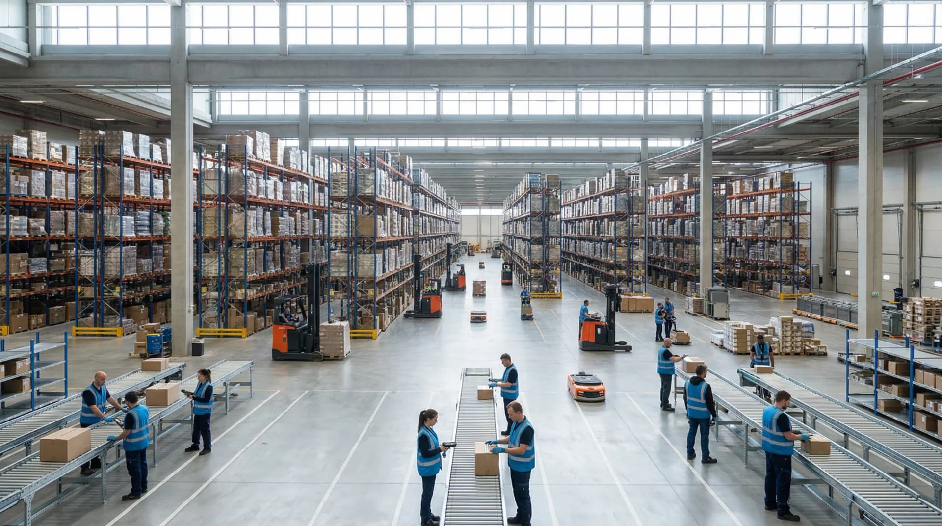 Wide shot of bustling warehouse interior